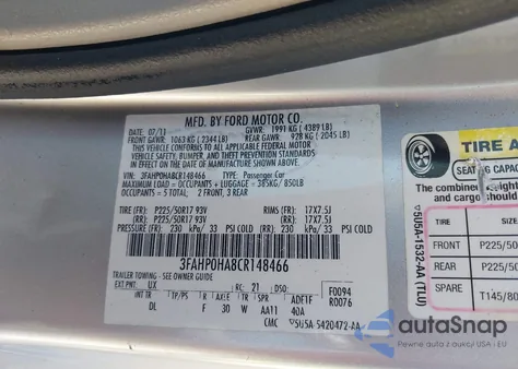 2012 Ford Fusion Se from USA, damaged, VIN 3FAHP0HA8CR148466